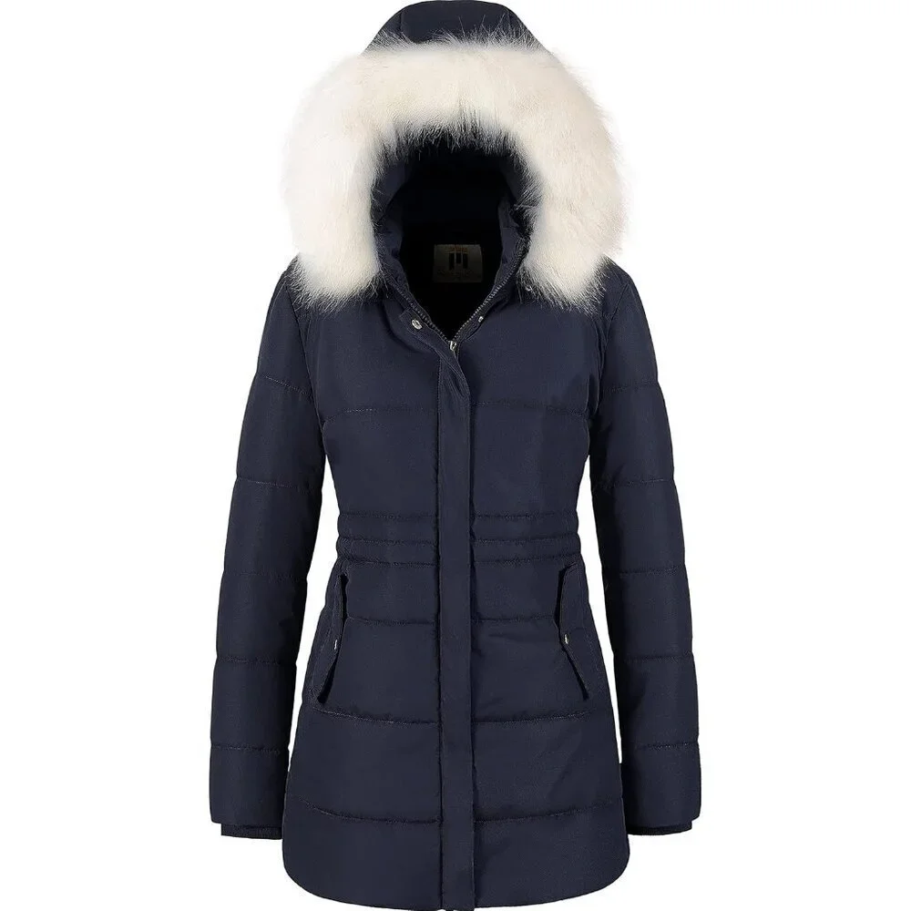 Women's Navy Winter Warm Long Drawstring Waterproof Snow Puffer Jacket